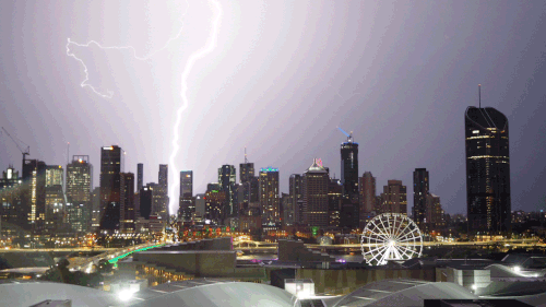 Lightning seen from South Bank, Brisbane. (Supplied: Aroha Watson)