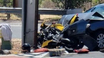 Emergency services were called to ﻿O&#x27;Sullivan Beach Road and Brodie Road in Lonsdale on Monday afternoon after reports of a collision between a Mazda 3 sedan and a yellow Triumph motorbike.