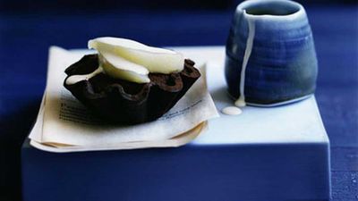 Pear and chocolate fudge tartlets <a href="http://kitchen.nine.com.au/2016/05/19/17/06/pear-and-chocolate-fudge-tartlets" target="_top">recipe</a>