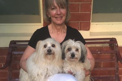 Helen with her beloved dogs Sassy and Charlie.