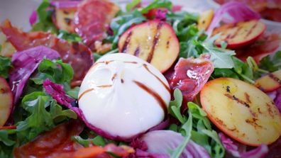 Grilled nectarines with crispy prosciutto and burrata