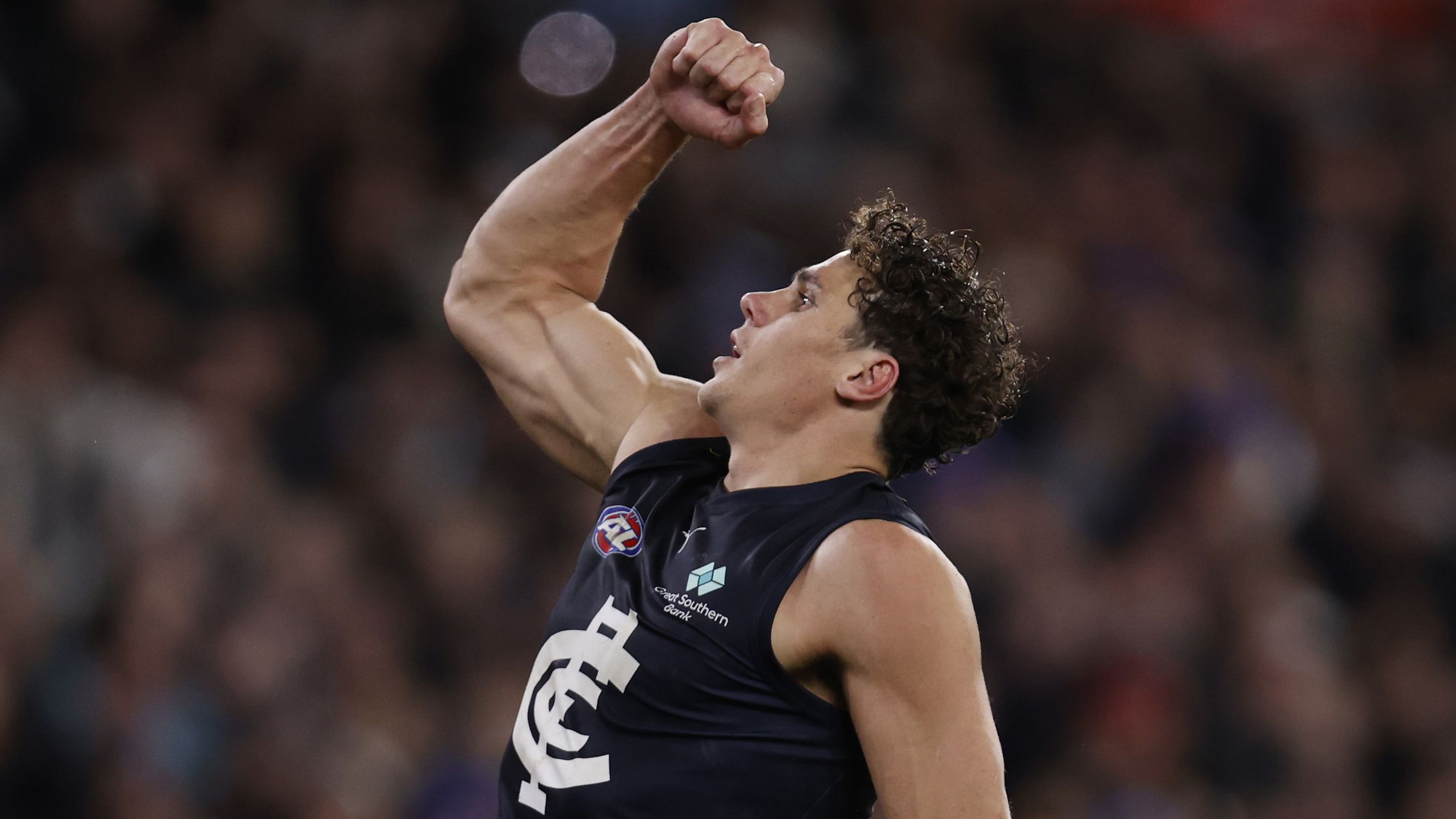 MELBOURNE, AUSTRALIA - JULY 28: Charlie Curnow of the Blues celebrates a goal  during the round 20 AFL match between Collingwood Magpies and Carlton Blues at Melbourne Cricket Ground, on July 28, 2023, in Melbourne, Australia. (Photo by Darrian Traynor/Getty Images)