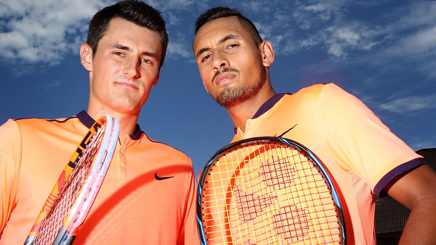  Australian Tennis Internationals Bernard Tomic Nick Kygrios pose for a photograph at Sydney Convention &amp; Exhibition Centre during media prelude for the &#x27;Fast Four&#x27; Tennis Tournament on January 9, 2017 in Sydney, Australia. (Photo by James Alcock/Fairfax Media)