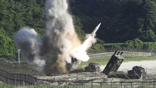 A U.S. MGM-140 Army Tactical Missile is fired during a drill in South Korea. (AAP)