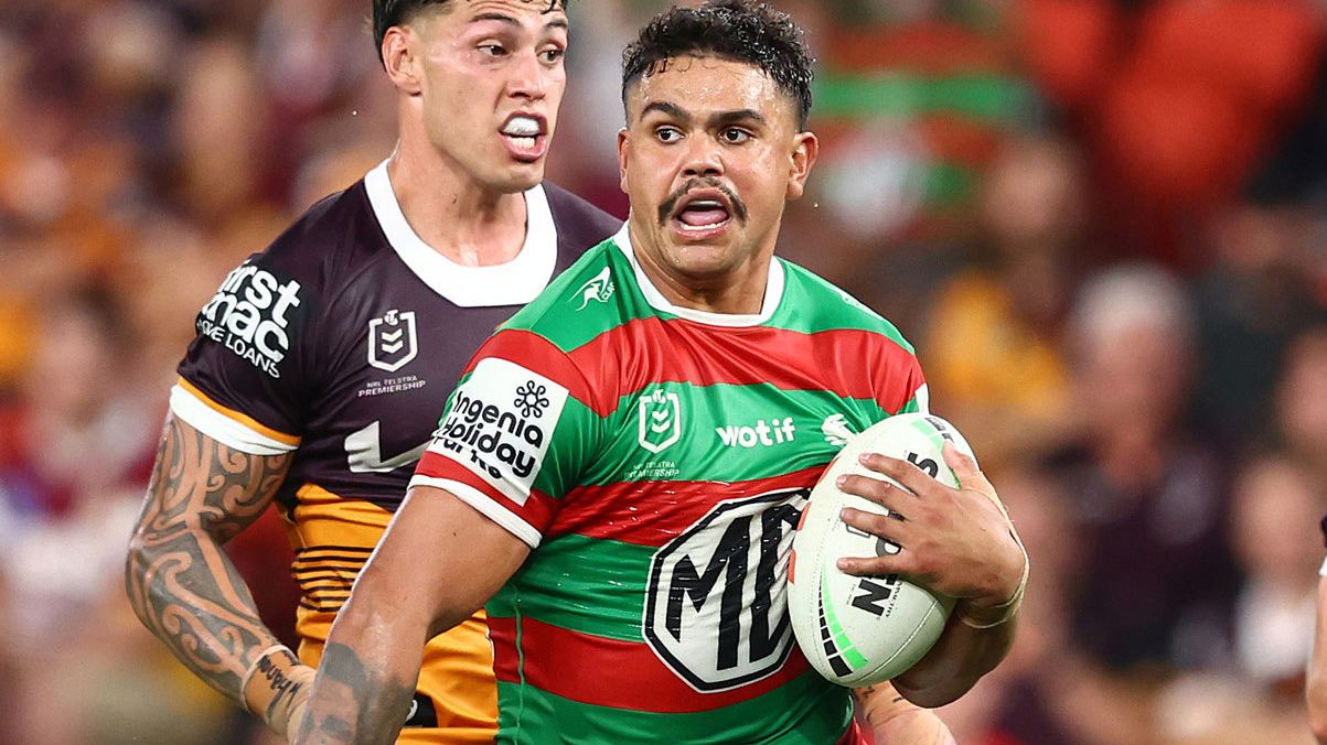 Latrell Mitchell makes a linebreak against the Broncos in their round two clash in 2024.
