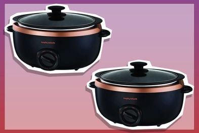 9PR: Morphy Richards 3.5L Electric Sear & Stew Slow Cooker on pink and purple background.