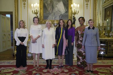 (L-R) Britain's Sophie, the Countess of Wessex, Queen Mathilde of Belgium, Camilla, Queen Consort, Queen Rania of Jordan, Danish Crown Princess Mary, the first lady of Sierra Leone Fatima Maada Bio, and the first lady of Ukraine Olena Zelenska pose for a photograph during a reception to raise awareness of violence against women and girls as part of the UN 16 days of Activism against Gender-Based Violence, in Buckingham Palace, London, Tuesday Nov. 29, 2022. 