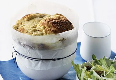 Blue cheese soufflé with walnut and celery salad
