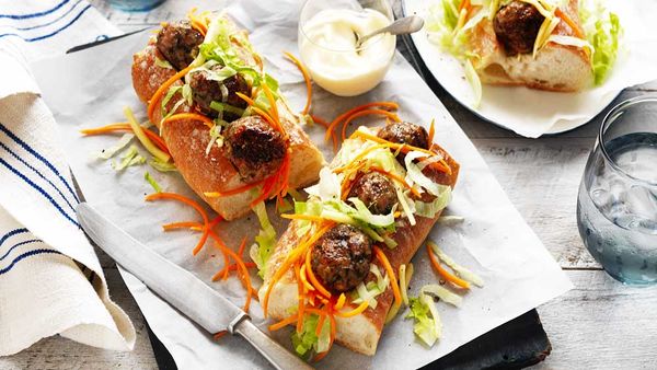 Pork and mushroom meatball subs by Onions Australia