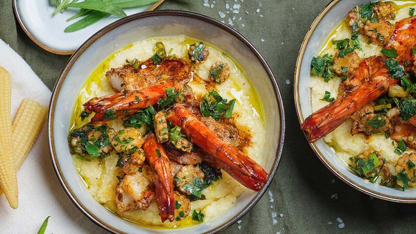 Analiese Gregory's black tiger prawns with polenta and smoked paprika