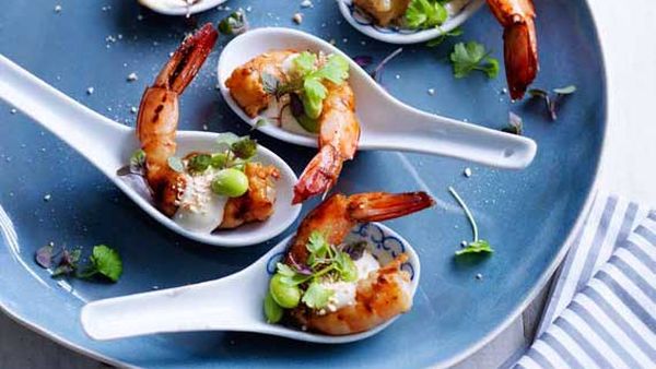 Hayden Quinn's grilled ginger prawns with yuzu mayo, soy beans and roast ground rice