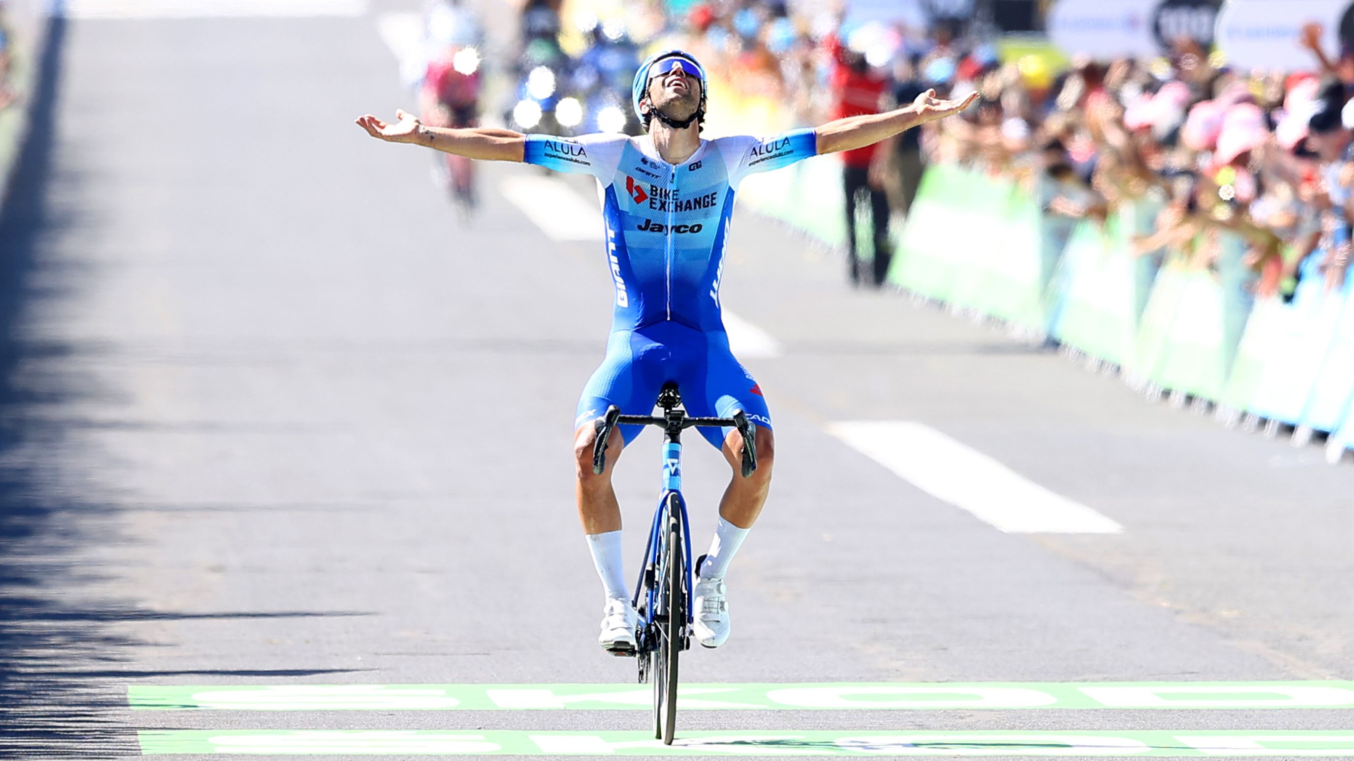 Michael Matthews of Team BikeExchange - Jayco celebrates winning Stage 14 of the Tour de France.
