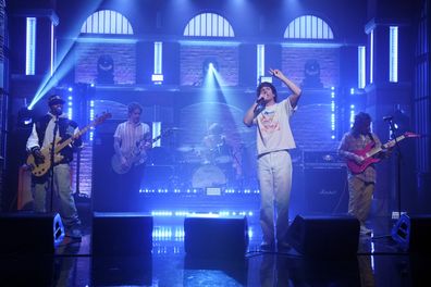 Franz Lyons, Pat McCrory, Daniel Fang, Brendan Yates and Brady Ebert of musical guest Turnstile perform on December 15, 2021