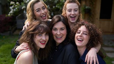 L-R: Caroline Menton (Rachel), Danielle Galligan (Claire), Stefanie Preissner (Maggie), Máiréad Tyers (Helen), Louisa Harland (Anna). Credit: James Pierce. The Walsh Sisters on Stan