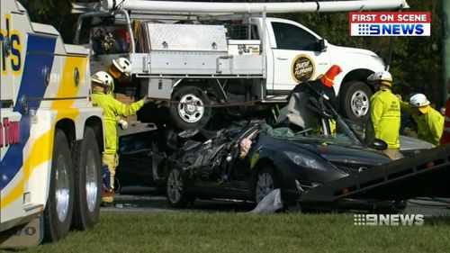 The ute crushed cars below. Picture: 9NEWS