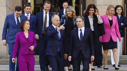 Antony Blinken, US Secretary of State, Annalena Baerbock Foreign Minister of Germany, and Mircea Geoana, Nato's deputy secretary-general, arrive for a group picture during an informal meeting of NATO members states foreign ministers in Berlin, Germany. 