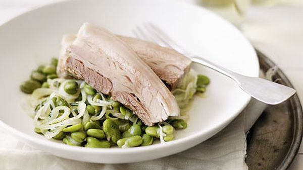 Salt-cured pork belly with broad bean ragout