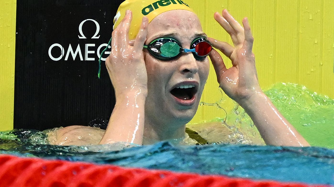 Mollie O&#x27;Callaghan celebrates after picking up Gold in the women&#x27;s 100m freestyle final at the Budapest 2022 FINA World Championships.
