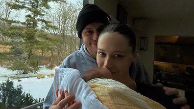 Elsie Hewitt and Pete Davidson with their newborn daughter Scottie, December 2025