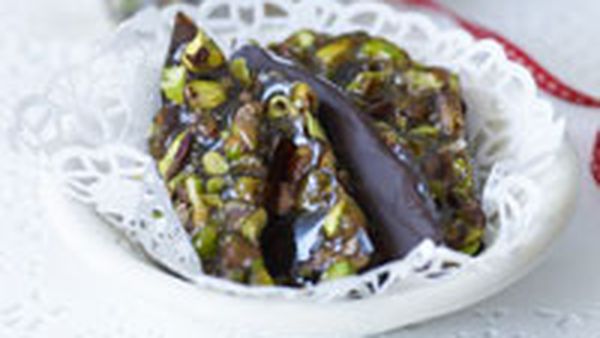 Dark chocolate pistachio brittle
