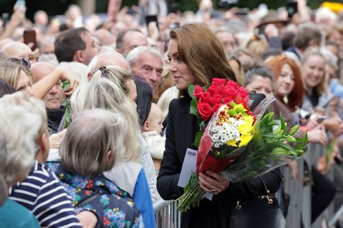Prince William, Prince of Wales and Catherine, Princess of Wales view floral tributes at Sandringham on September 15, 2022 in King's Lynn, England.