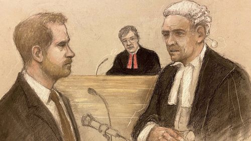 Court artist sketch by Elizabeth Cook Britain's Prince Harry being cross examined by Andrew Green KC, as he gives evidence at the Rolls Buildings in central London, Tuesday, June 6, 2023 during the phone hacking trial against Mirror Group Newspapers