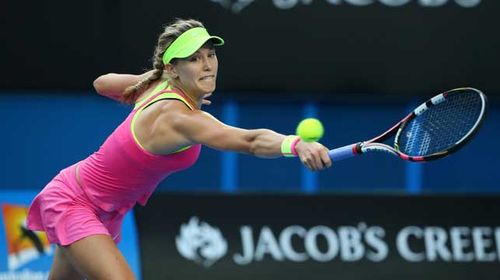 Bouchard plays a backhand in her second round match against the Netherlands' Bertens. (Getty)
