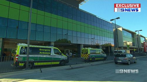 Ambulances were lined up outside the new Royal Adelaide Hospital today. Picture: 9NEWS