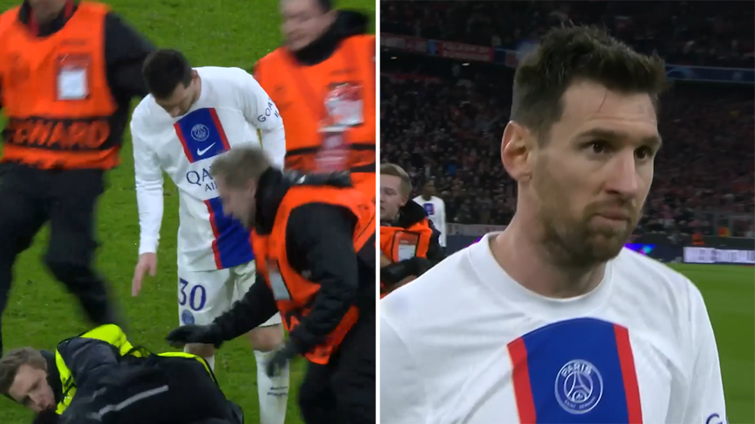 'Idiot' pitch invader crash tackled in front of Lionel Messi after Champions League loss