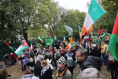 Supporters of Kneecap outside Woolwich Crown Court on September 26, 2025 in London.