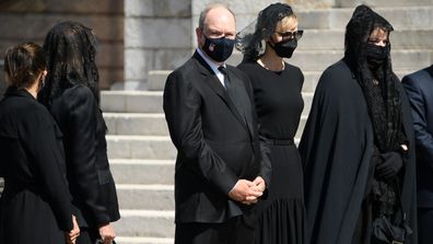 (L-R) Princess Stephanie of Monaco, Princess Caroline of Hanover, Prince Albert II of Monaco, Princess Charlene of Monaco and Melanie Antoinette de Massy arrive at the Monaco Cathedral for Elizabeth-Ann De Massy's Funerals on June 17, 2020 in Monaco, Monaco.