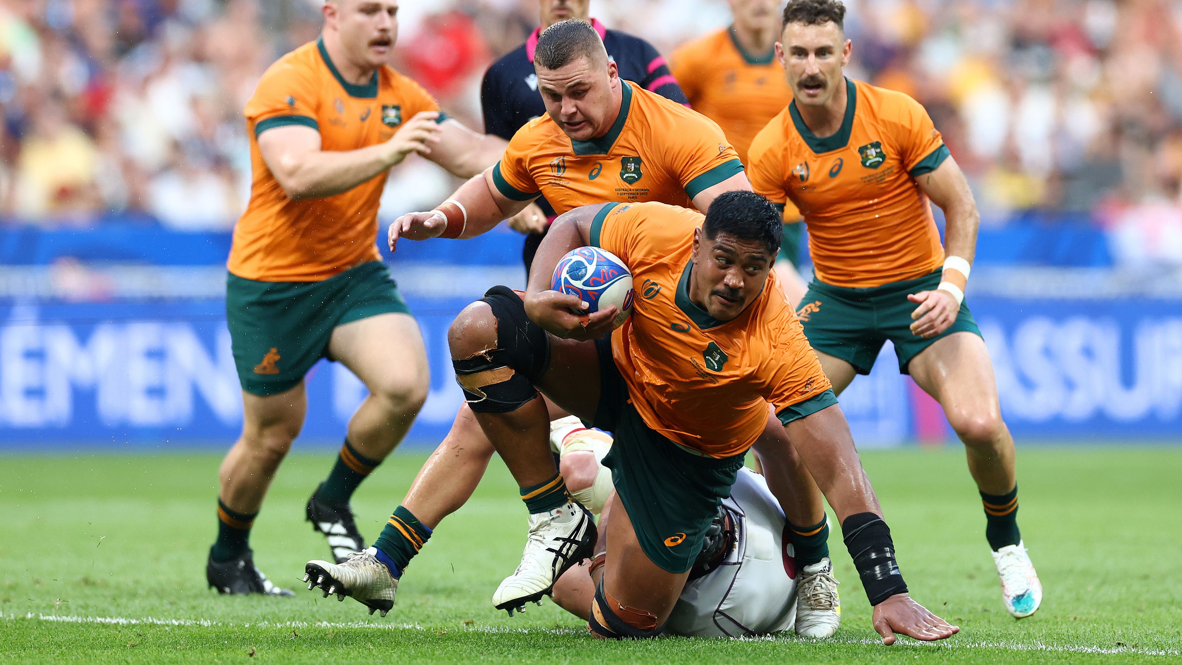 Will Skelton (pictured with ball) was among the overseas-based players picked for the 2023 Rugby World Cup Wallabie squad.