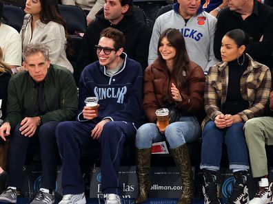 NEW YORK, NEW YORK - NOVEMBER 27:  Christine Taylor, Ben Stiller, Pete Davidson, Emily Ratajkowski, Jordin Sparks and Dana Isaiah watch the action during the game between the Memphis Grizzlies and the New York Knicks at Madison Square Garden on November 27, 2022 in New York City. (Photo by Jamie Squire/Getty Images)