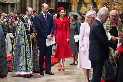 LONDON, ENGLAND - MARCH 10: Prince William, Prince of Wales and Catherine, Princess of Wales depart after attending the Commonwealth Day Service of Celebration at Westminster Abbey on March 10, 2025 in London, England. Also pictured is King Charles, Queen Camilla, Princess Anne (Photo by Aaron Chown - WPA Pool/Getty Images)