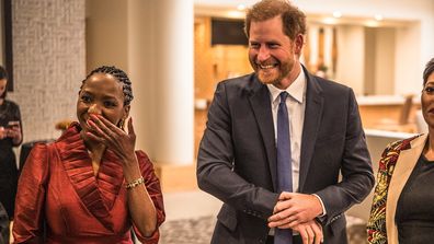 Sophie Chandauka, Prince Harry, Duke of Sussex and a guest attend a Sentebale reception and panel discussion at The Saxon Hotel in Johannesburg, South Africa. on October 3, 2024 Johannesburg, South Africa.