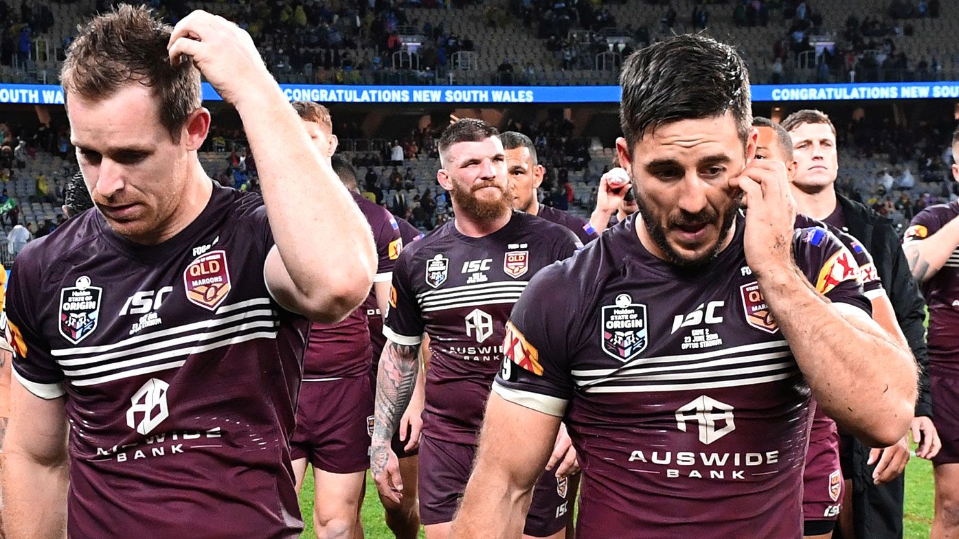 Maroons players Michael Morgan (left) and Ben Hunt are dejected following Game 2 of the 2019 State of Origin series between the Queensland Maroons and the New South Wales Blues at Optus Stadium in Perth