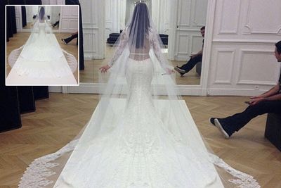 The Givenchy dress... and THAT trail. Made by Kim's close pal Riccardo Tisci.<br/><br/>Image: Instagam/Riccardo Tisci