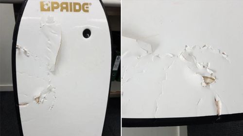 Paul Goff's shark-bitten body board. (WA Police)