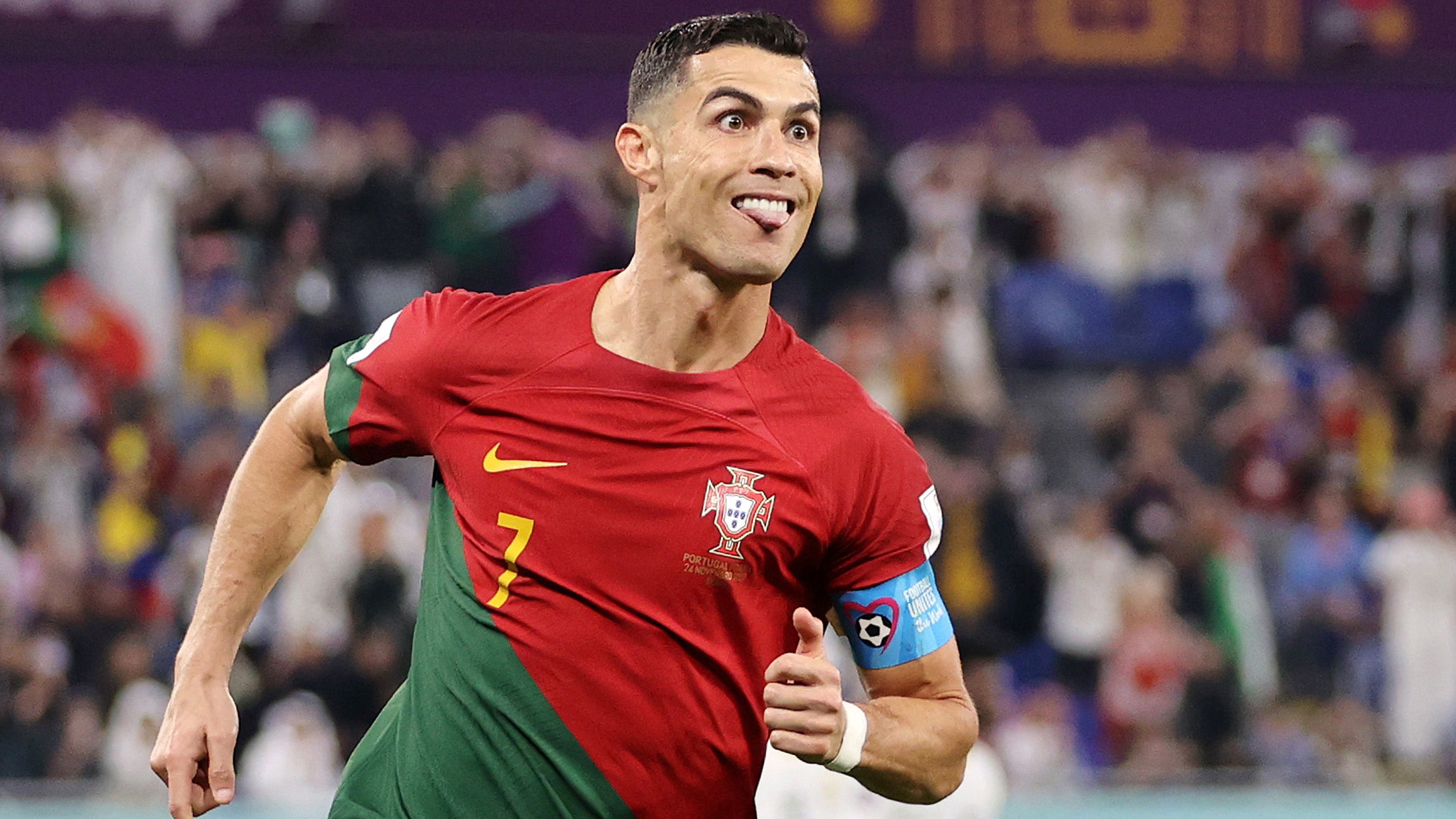 Cristiano Ronaldo of Portugal celebrates after scoring their team&#x27;s first goal via a penalty during the FIFA World Cup Qatar 2022 Group H match between Portugal and Ghana at Stadium 974 on November 24, 2022 in Doha, Qatar. (Photo by Clive Brunskill/Getty Images)