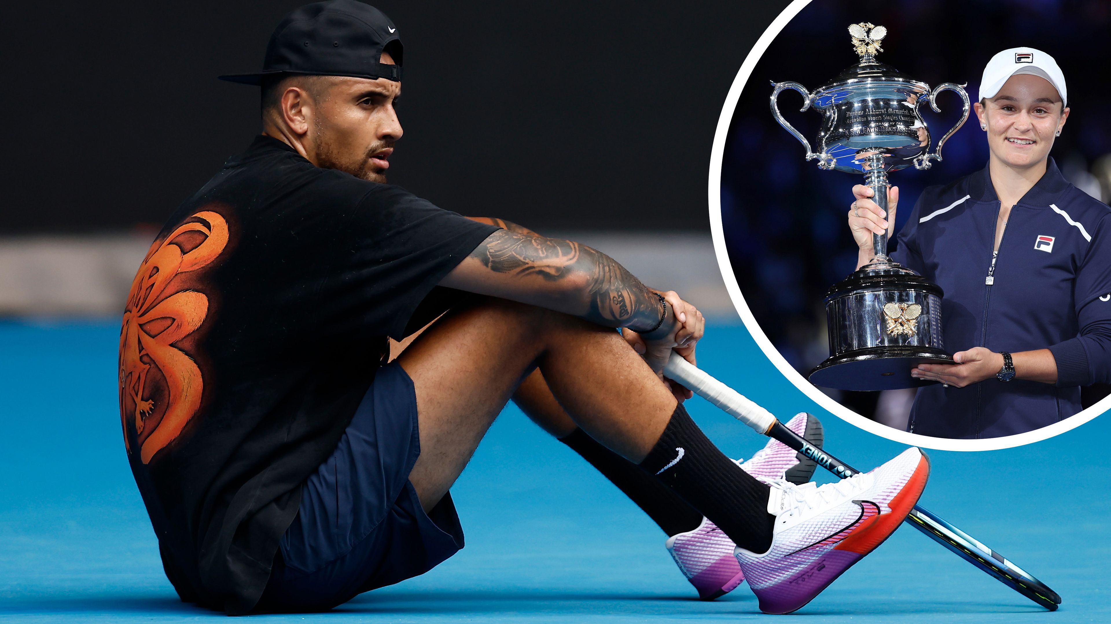 Nick Kyrgios with an inset of Ash Barty with the Australian Open 2022 trophy.