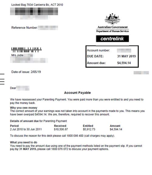 The first letter Adelaide woman Jodie said she received about her alleged debt, which dates back nine years.