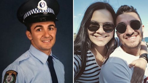 Aaron Vidal (left in his NSW Police uniform, right with fiancé Jessica Loh) was hit while riding his motorbike in 2020.