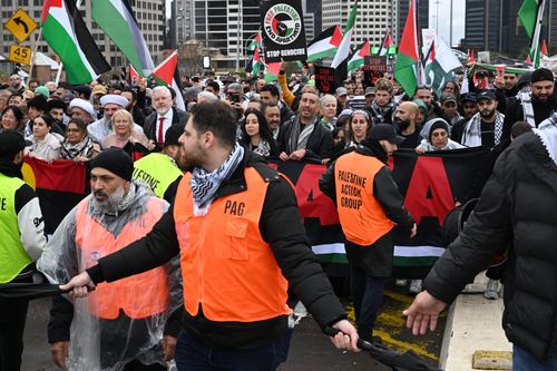 Pro-Palestine protesters march across the Sydney Harbour Bridge to bring attention to the ongoing Israel bombing and aid restrictions to Gaza. 3 August 2025 Photo: Janie Barrett
