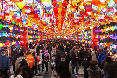 People visit a lantern show to mark the upcoming Chinese New Year, the Year of the Ox, on February 9, 2021 in Yuncheng, Shanxi Province of China.
