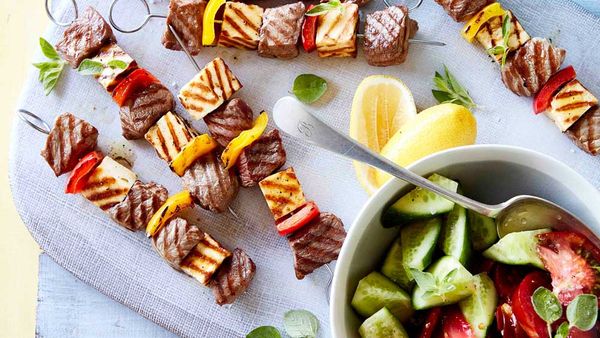 Lamb and haloumi skewers with cucumber salad