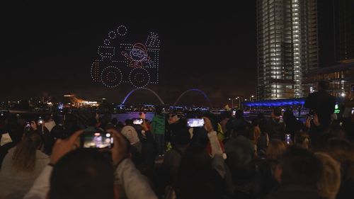 A﻿ futuristic Christmas celebration in Perth went wrong when 50 drones worth $100k plunged into the Swan River river.City of Perth's mayor blamed '"technical issues" for the mishap at the city's Summer Nights City of Lights event on Sunday night.