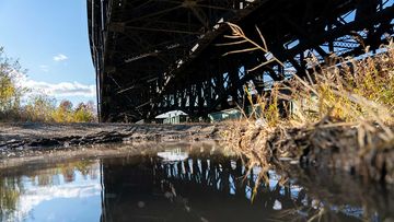Dumpsters are stored under the Pulaski Skyway on the site of a former landfill where a new FBI investigation is taking place as a possible location where union boss Jimmy Hoffa is buried.