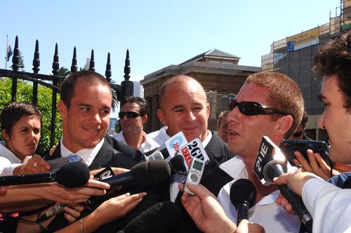 Jai Abberton (right) speaking to the media outside the NSW Supreme Court in 2006. (AAP)