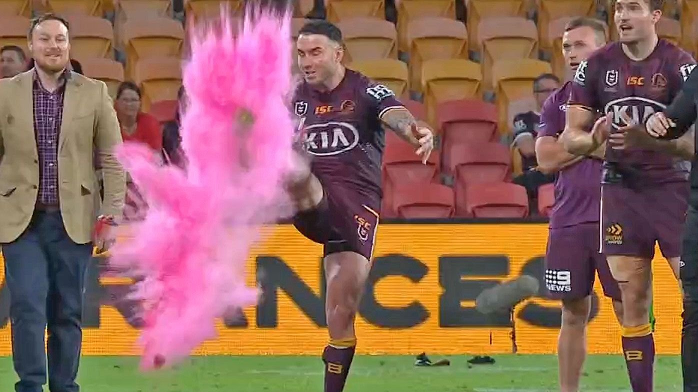 Darius Boyd during the gender reveal after the Broncos lost to the Cowboys to earn the wooden spoon