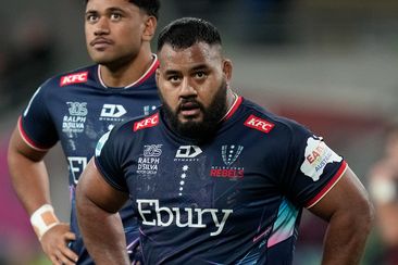 Taniela Tupou of the Rebels (right) and Daniel Maiava of the Rebels (left) during the round eight Super Rugby Pacific match between Melbourne Rebels and Highlanders.